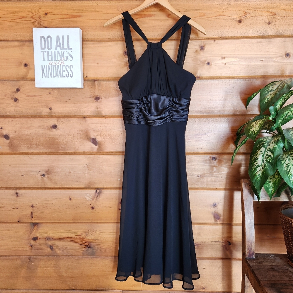 Connected Apparel Black Chiffon Sheer Satin Halter Empire Midi Aline Dress Sz 10